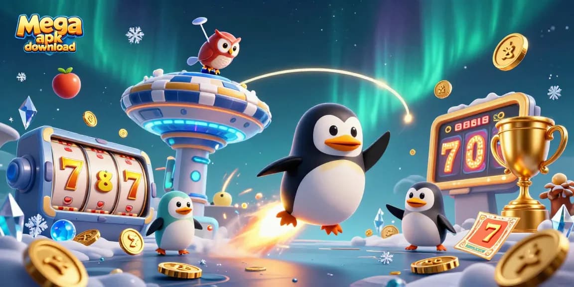 Experience excitement with mega apk download as a golden penguin navigates a casino universe.