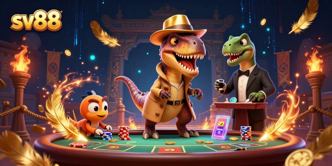 Exciting sv88 casino scene with a velociraptor card counter, stegosaurus pit boss, and a sneaky compy pickpocket.