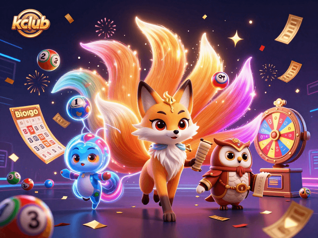 Kclub players enjoy dynamic gaming with a glowing nine-tailed fox spirit and a wise owl sage amidst vibrant lottery elements.