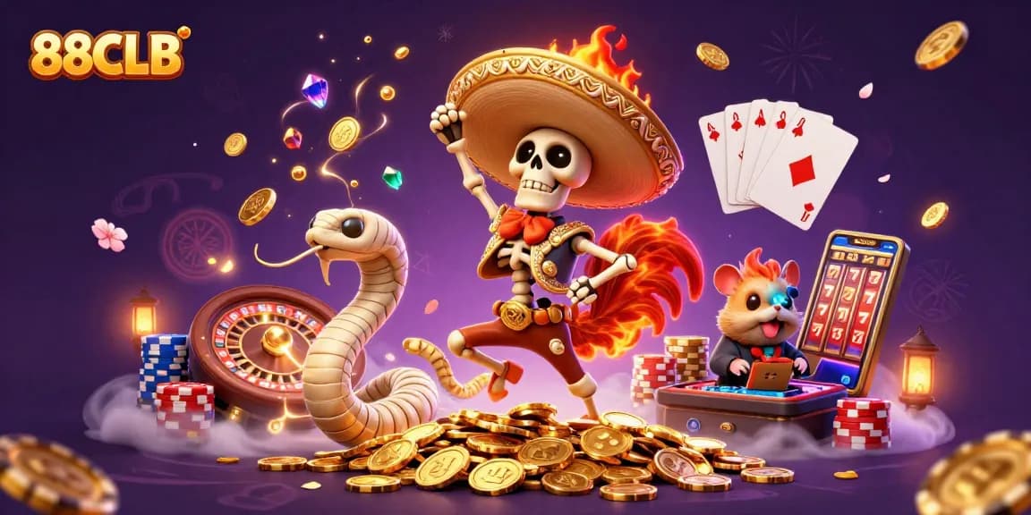 88CLB promotes excitement with vibrant casino characters and dynamic game elements in an engaging illustration.