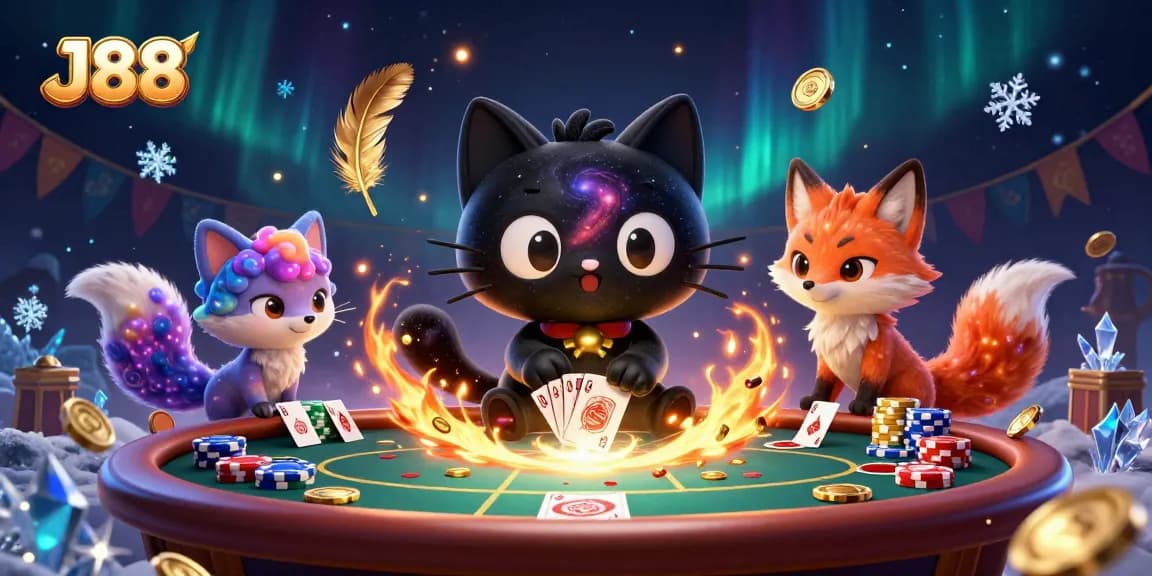 Engage in the cosmic gaming realm with J88 featuring a black hole cat and a nebula fox at the poker table.