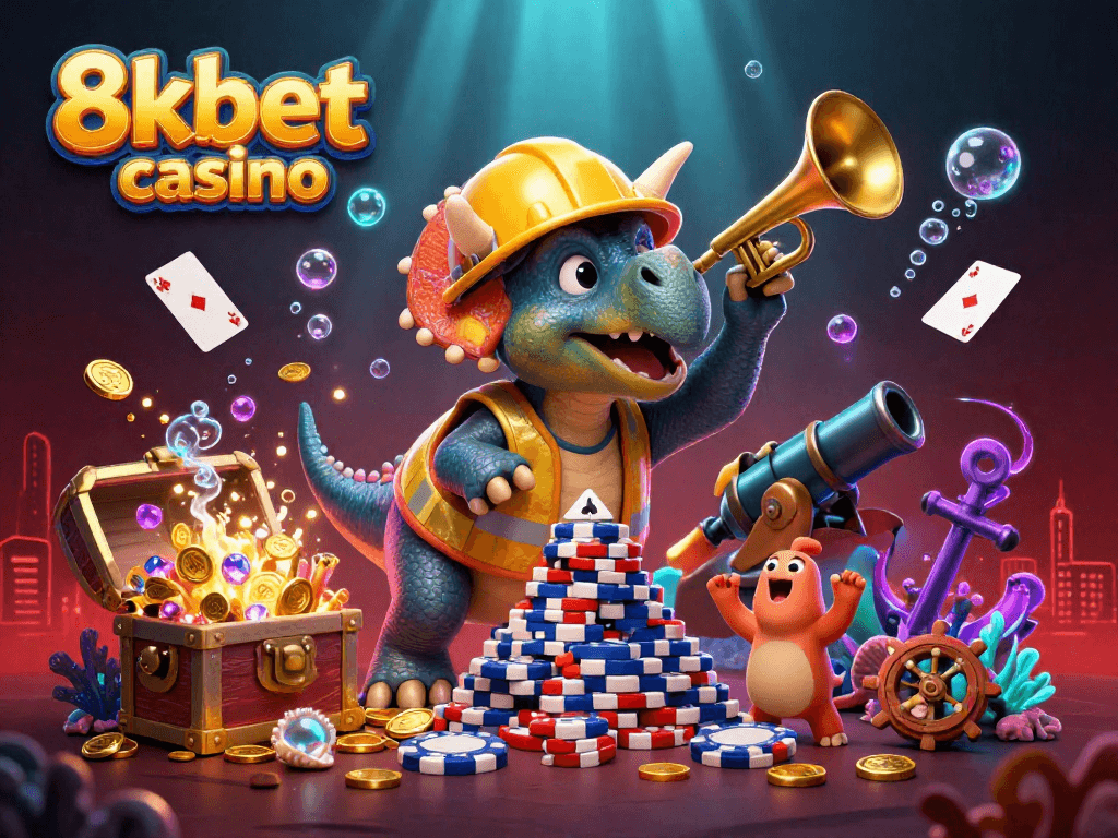 A lively underwater scene depicting 8kbet casino with a triceratops constructing poker chips, celebrating characters, and treasures.