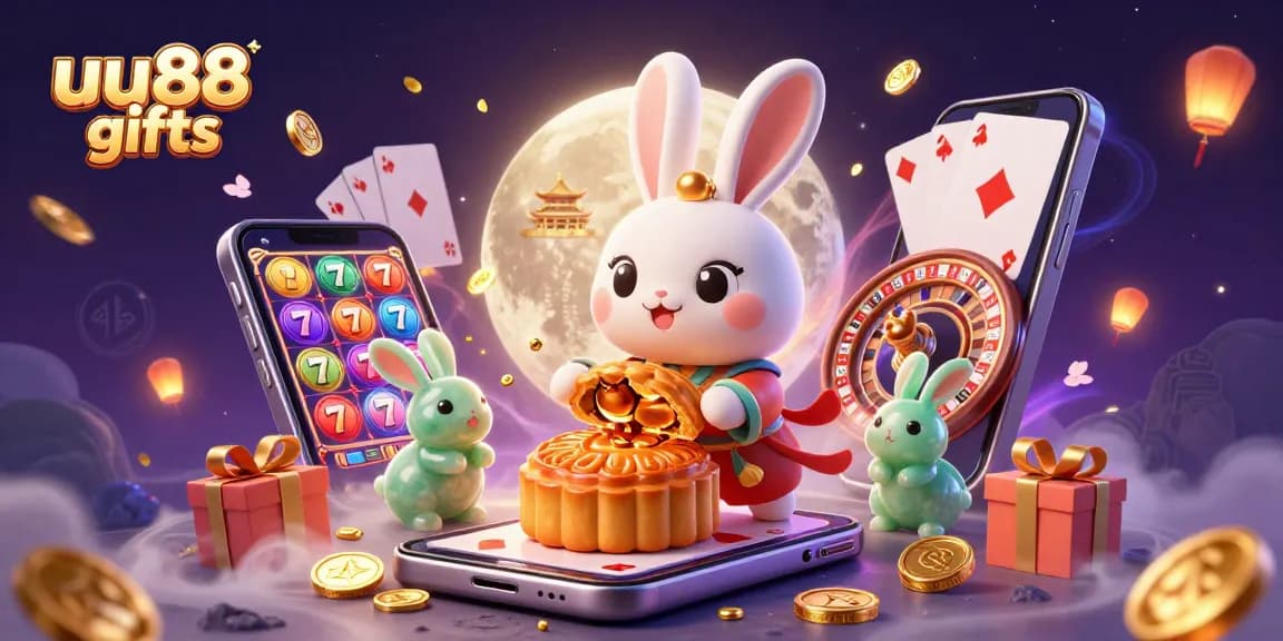 Play exciting games with uu88 gifts, featuring a moon rabbit surrounded by slots, chips, and golden coins.