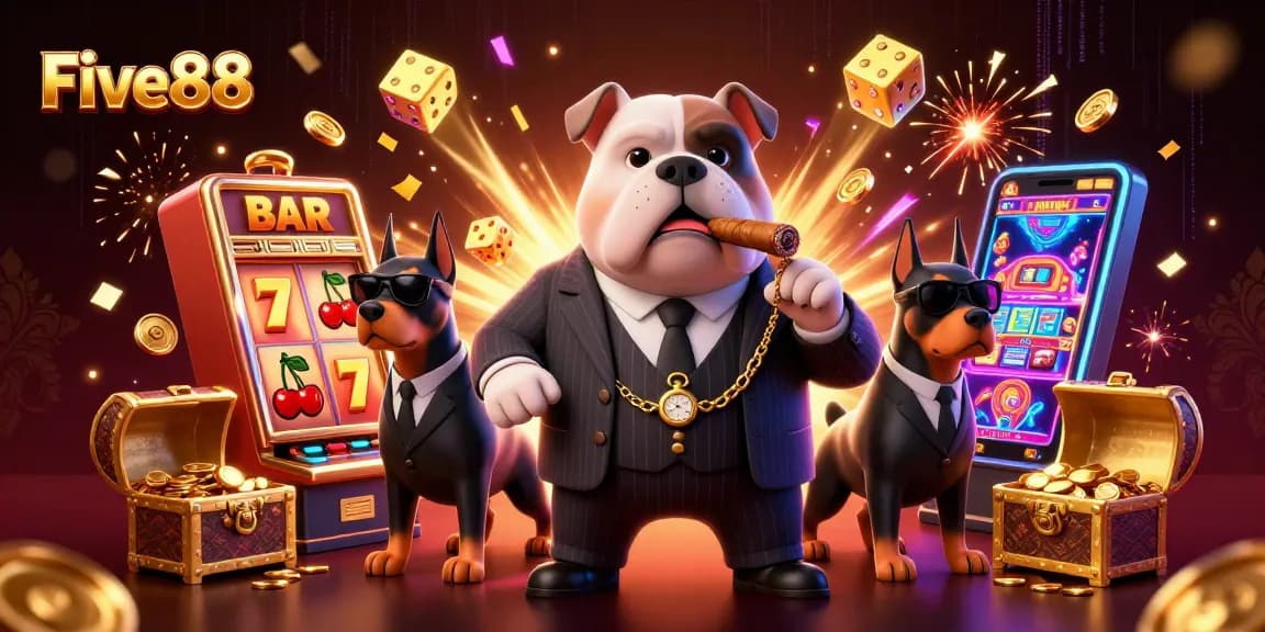 Experience the thrill of Five88 with a lively casino scene featuring a mafia bulldog and dynamic game elements.