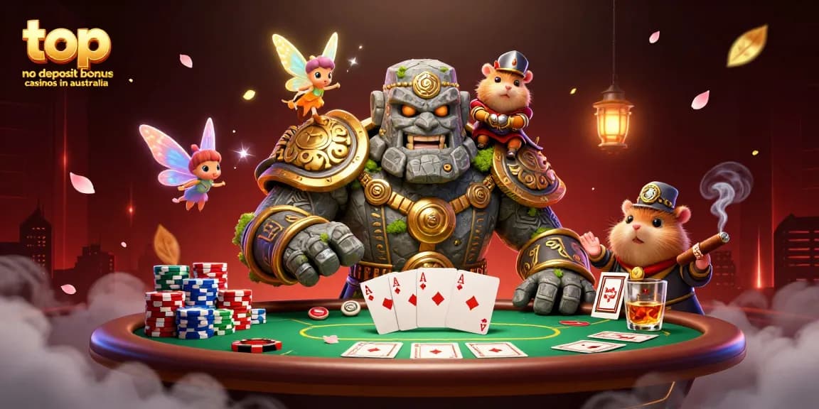 Engage with top no deposit bonus casinos in Australia showcasing poker scenes with magical elements and charming characters.