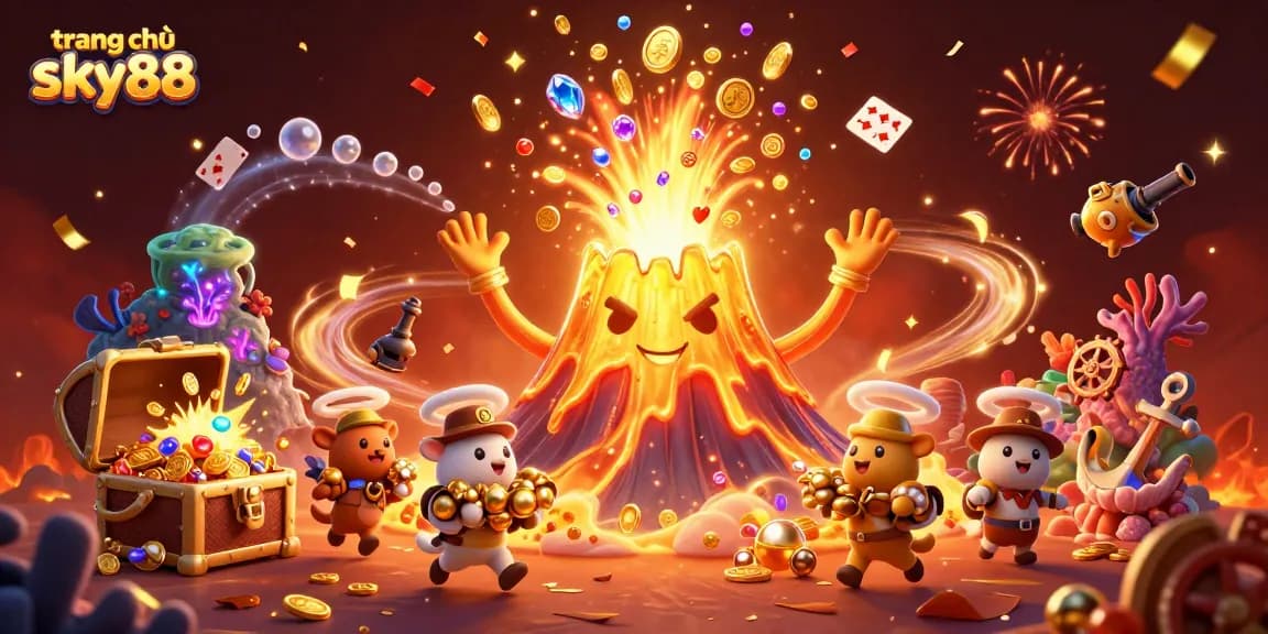 Experience the excitement of trang chủ sky88 with vibrant characters, treasures, and casino elements bursting with energy.