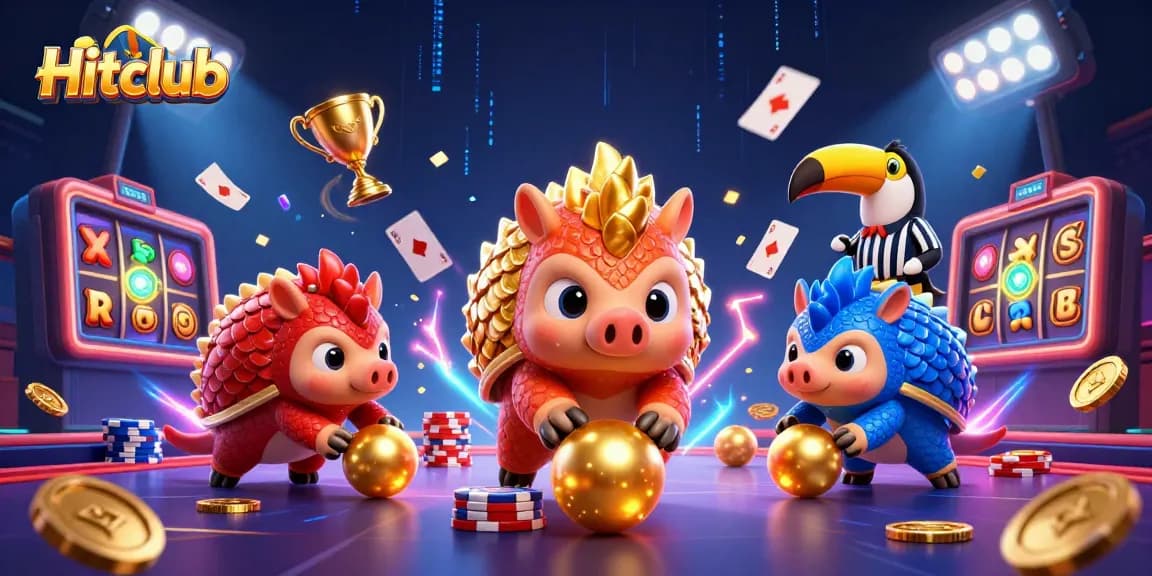 Hitclub's exciting gaming scene shows rival pangolins bowling through poker chips, promising thrilling gameplay.