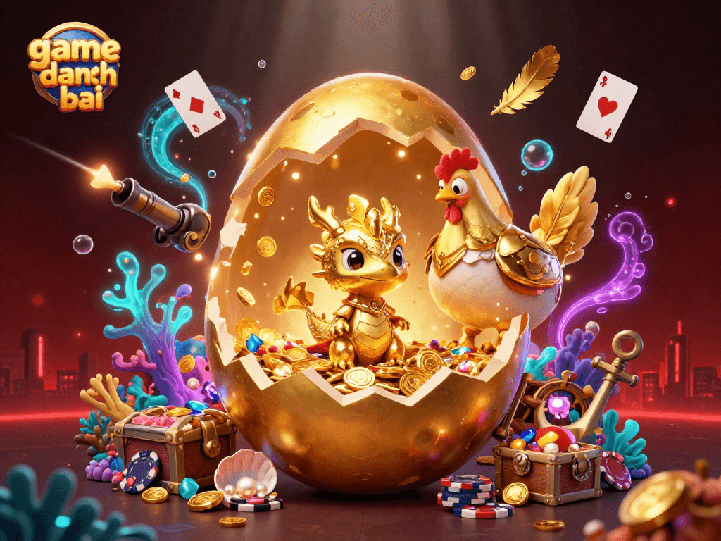 Engage in game danh bai with a sparkling 3D scene of golden treasures and gameplay elements.