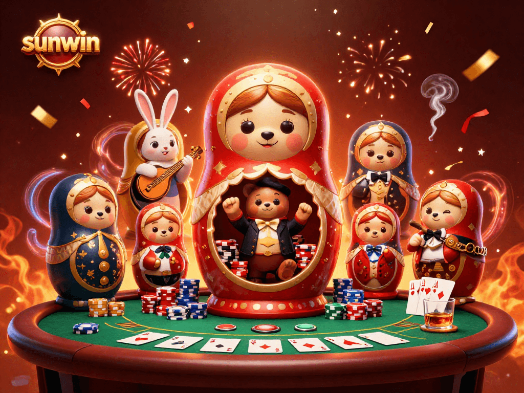 Join the sunwin celebration with 3D cartoon bears themed around poker, set against a vibrant casino backdrop.