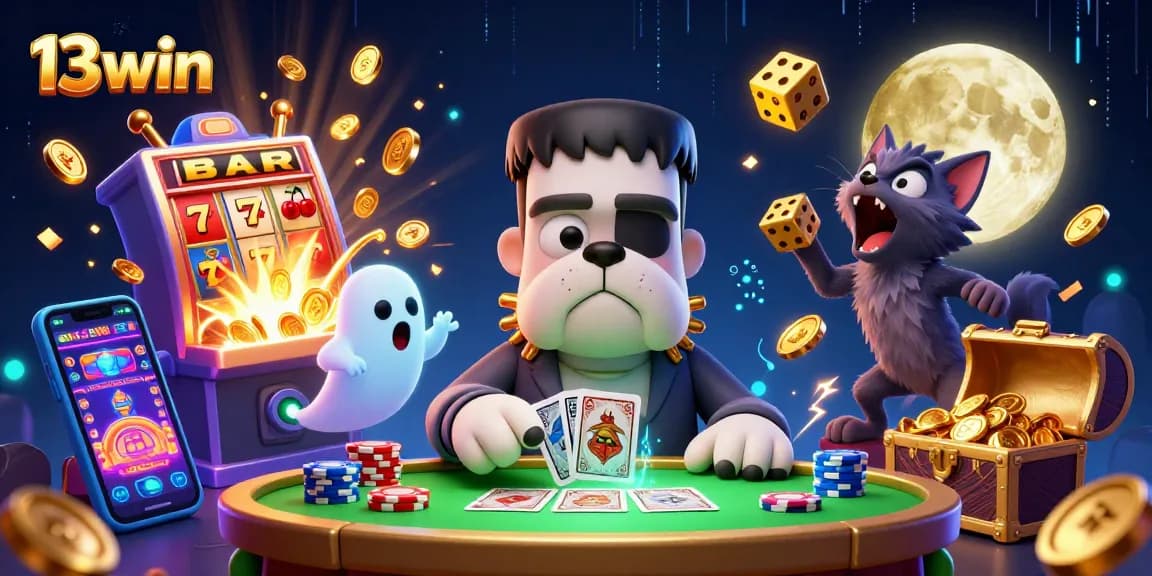 Engage with thrilling 13win casino action featuring a cartoon bulldog dealer, spooky table atmosphere, and exciting game elements.