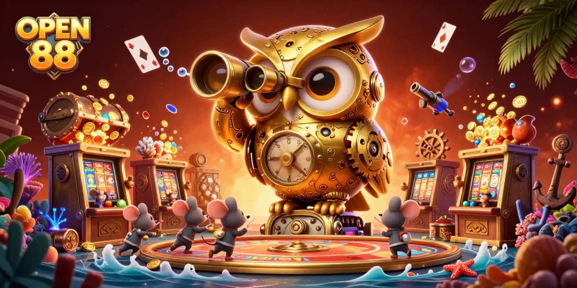 Engage with OPEN 88 in a vibrant casino scene filled with gold, games, and excitement.