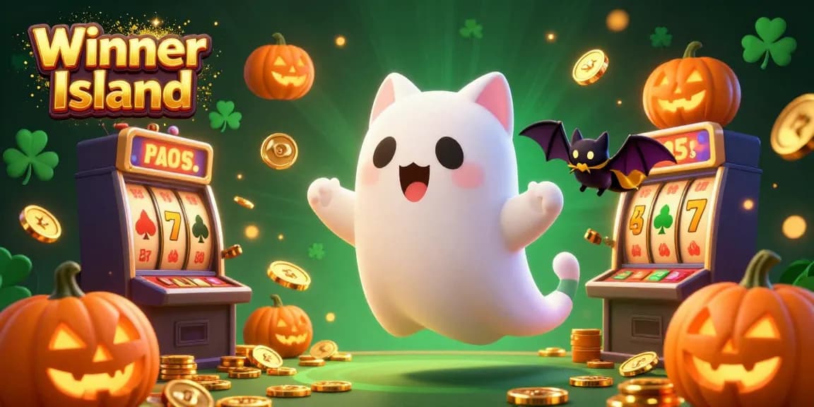 Engage with the vibrant atmosphere of Winner Island, featuring a friendly ghost cat and bat in a lively casino.