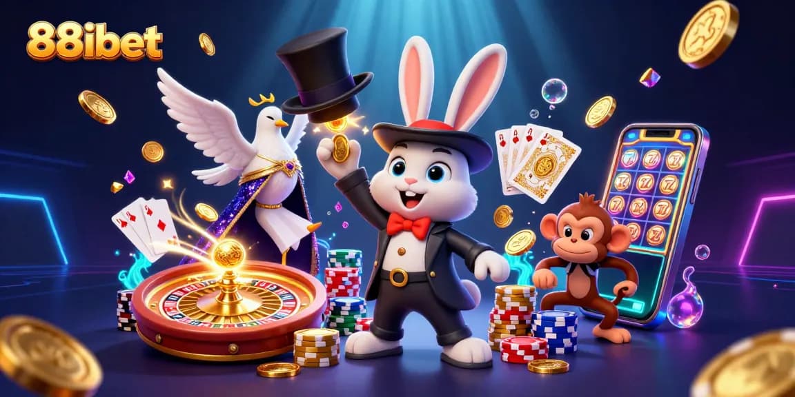 Spin the 88ibet roulette with a cartoon magician rabbit, shimmering coins, and poker chips flying!