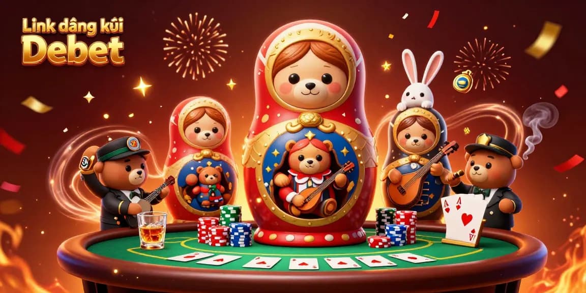 Join the excitement at Link đăng ký Debet with dealer bears and poker elements in a vibrant casino scene!