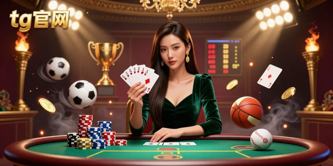 参与刺激的扑克游戏，tg官网展示了一位在优雅灯光下进行高赌注游戏的美丽女士。