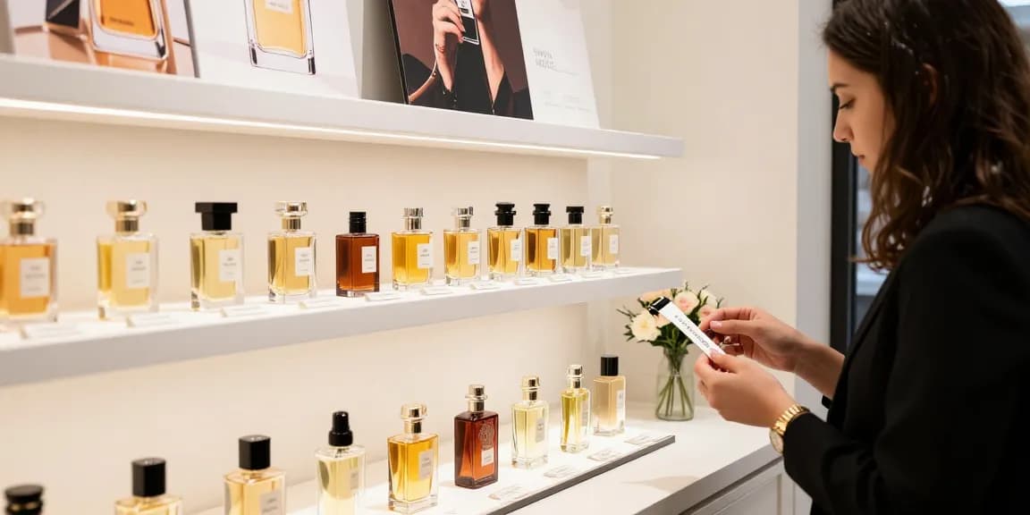 Een klant die de French Avenue parfum collectie bewondert in een stijlvolle winkelomgeving, met verschillende geurflessen als decoratie.
