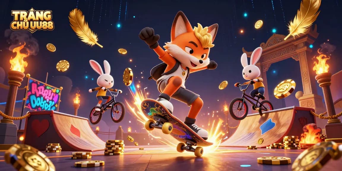Experience the excitement at TRANG CHỦ UU88 as our cartoon fox and rabbit celebrate with vibrant casino elements.