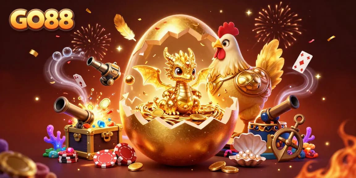 Experience the excitement of GO88 with a golden dragon on poker chips and treasure!