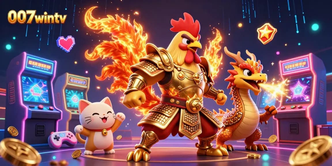 Engage in thrilling battles at 007wintv with a rooster warrior and dragon hatchling in an electrifying casino.