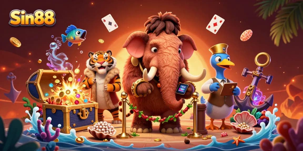 Experience the excitement at Sin88's casino with a vibrant illustration of dynamic characters and treasures.