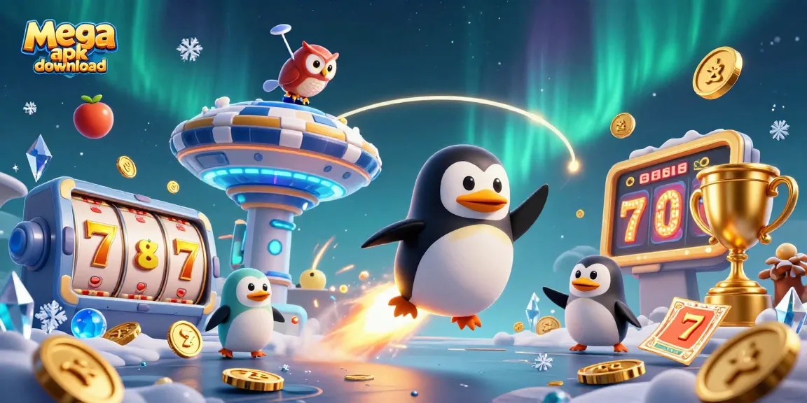 Experience excitement with mega apk download as a golden penguin navigates a casino universe.
