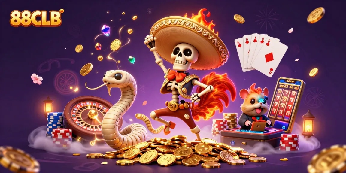 88CLB promotes excitement with vibrant casino characters and dynamic game elements in an engaging illustration.