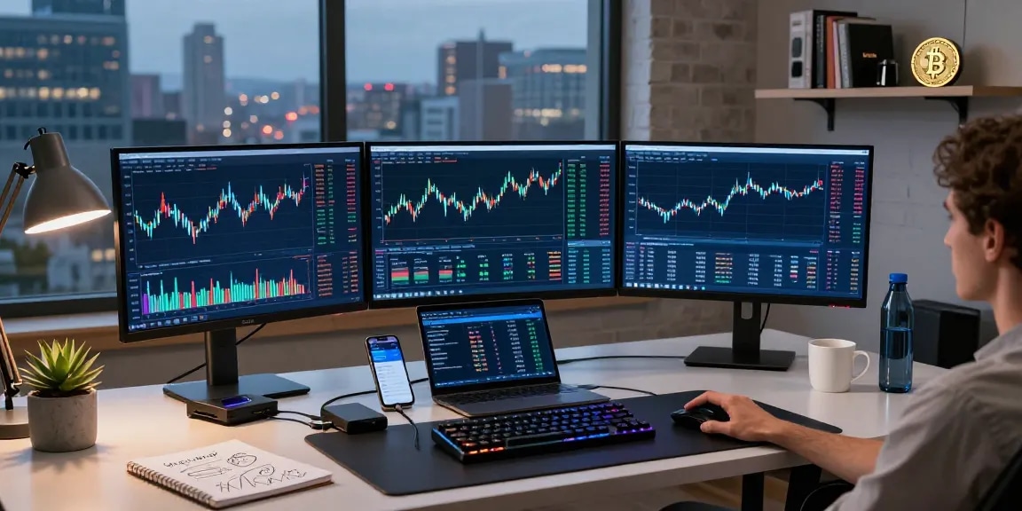Expert en récupération de portefeuille sur ordinateur montrant des graphiques de trading de crypto-monnaies et un tableau de rendement DeFi.