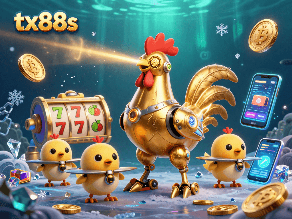 Unleash vibrant energy with tx88s in this colorful 3D casino scene featuring a golden rooster robot and crypto elements.