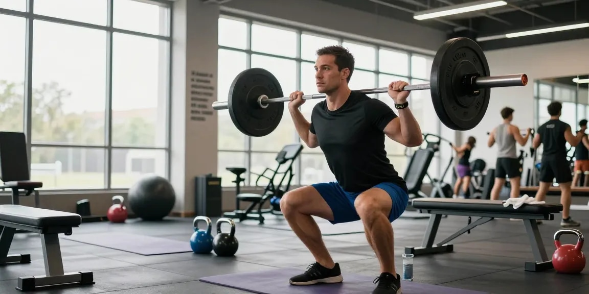 Prime Pharma Steroïden Winkel - Sportieve man traint in moderne sportschool met barbell squats.