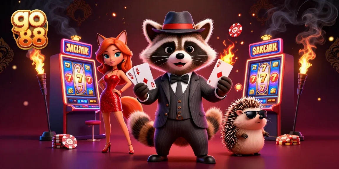 Experience thrilling action at go 88 with a suave raccoon holding a royal flush in a vibrant casino setting.