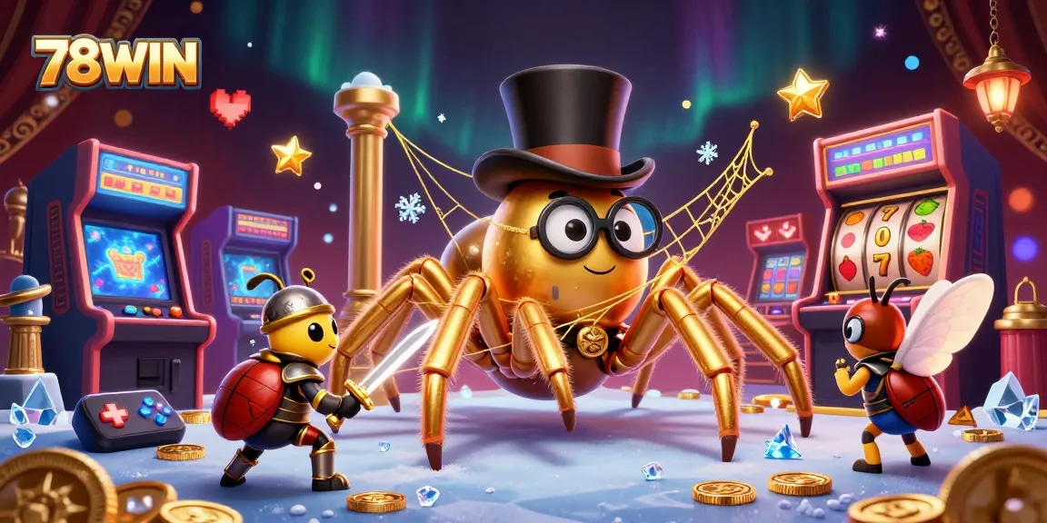 Engage with 78WIN through thrilling games as a giant golden tarantula weaves winning webs in a vibrant casino