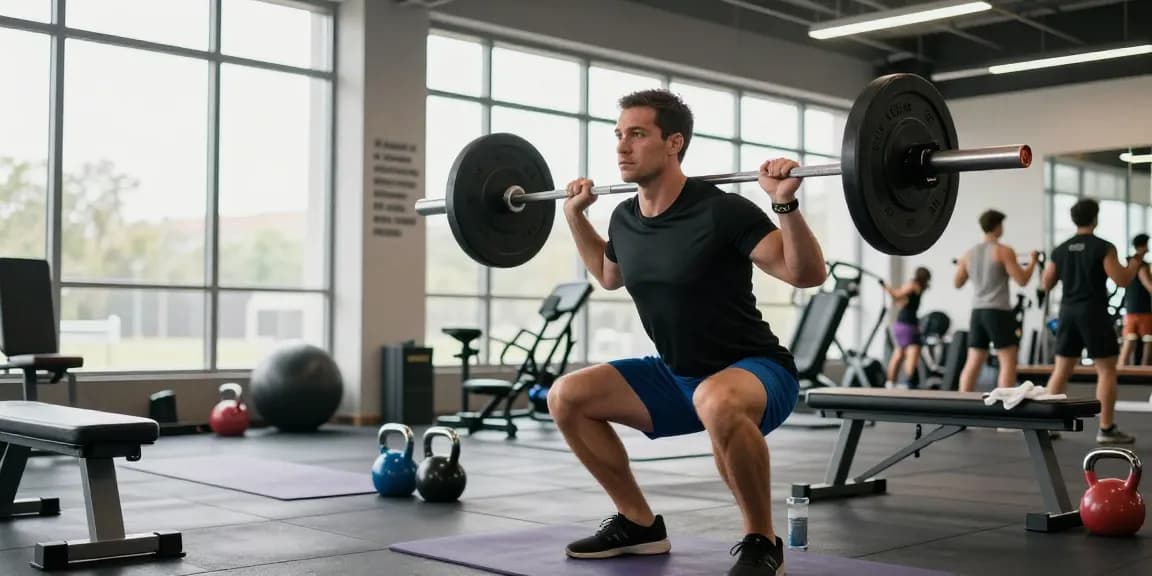 Prime Pharma Steroïden Winkel - Sportieve man traint in moderne sportschool met barbell squats.