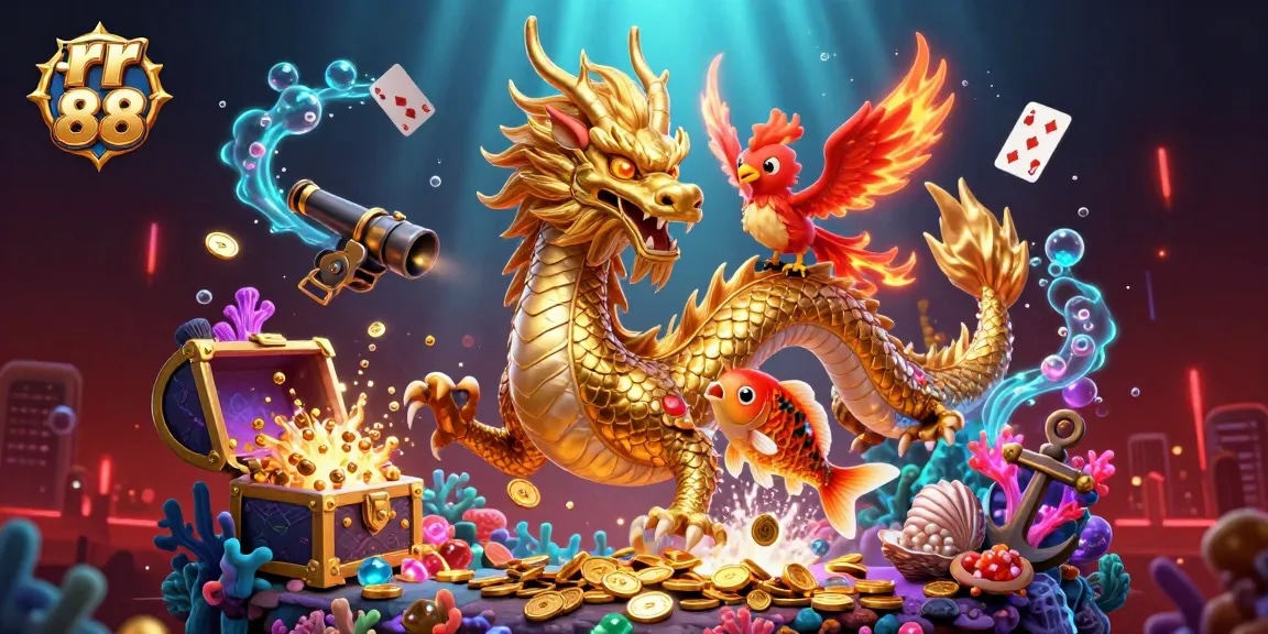 Engage in exciting gameplay at rr 88 with a captivating scene of a fierce dragon, phoenix, and koi fish amidst casino elements.