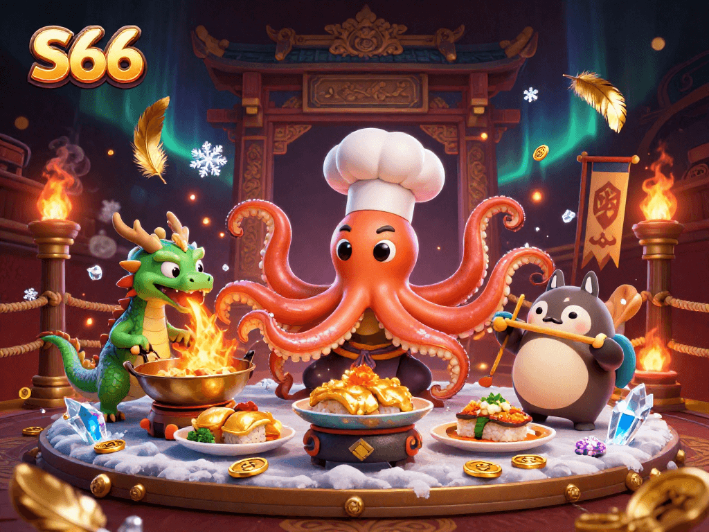 Engage with S66 as a sushi chef octopus crafts golden dishes in a lively casino arena.