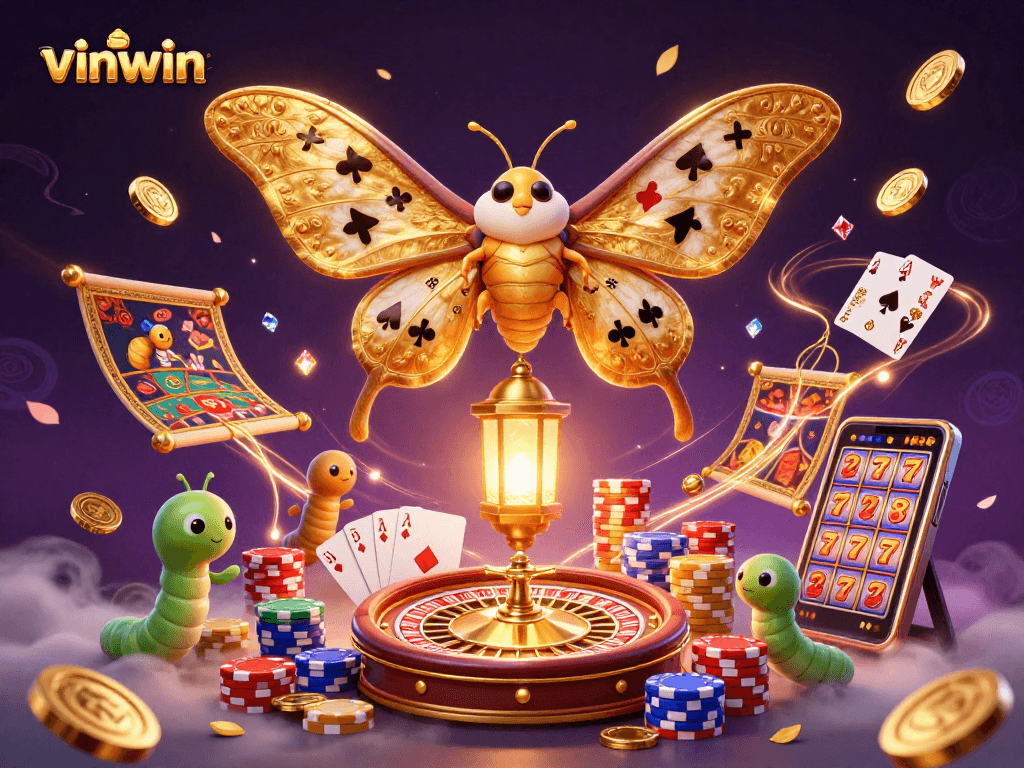 Join the vinwin experience with a vibrant scene of an atlas moth, golden coins, and casino elements.