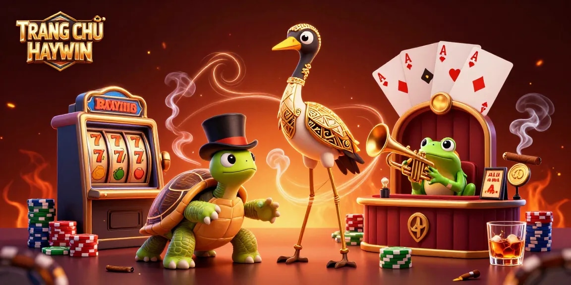 Experience TRANG CHỦ HAYWIN with dazzling slot reels, poker chips, and lively casino characters in action.