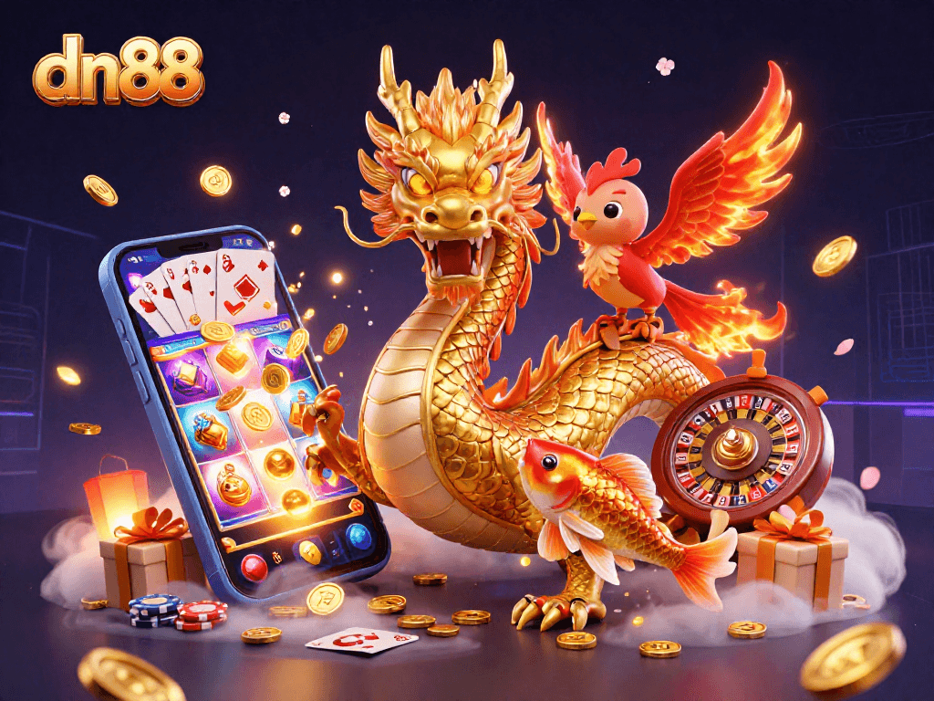 Engage with dn88's exciting gaming action featuring vibrant dragons, phoenixes, and casino symbols.