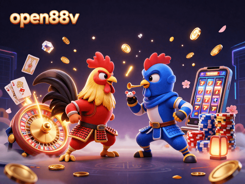 Betting duel between cartoon fighters open88v in a vibrant casino setting with gold coins.