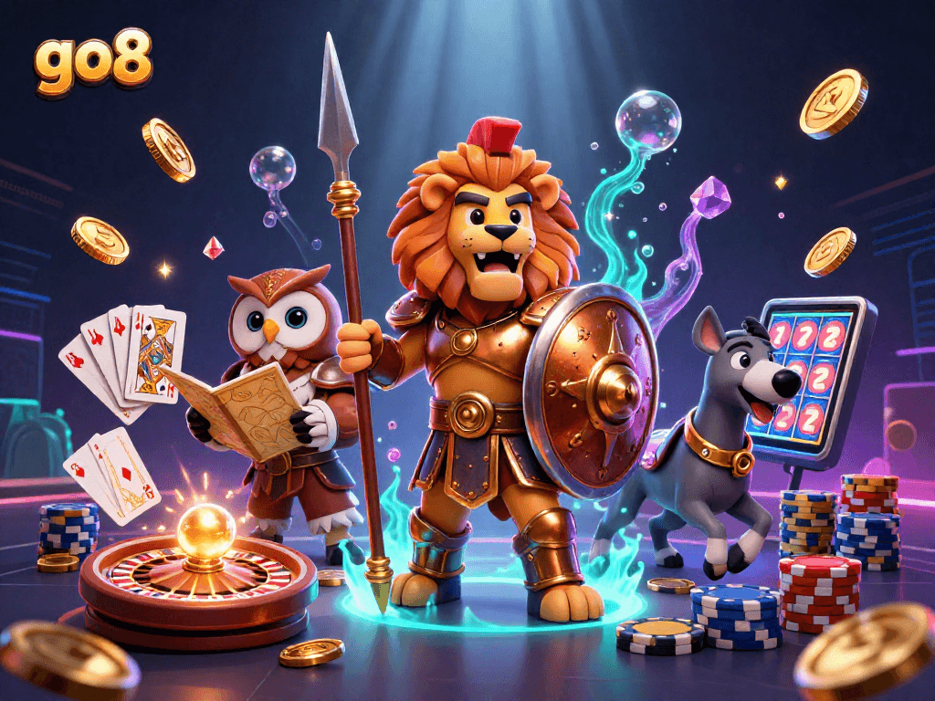 Experience the thrill of gaming at go8 with a fierce Spartan lion and dynamic casino elements.