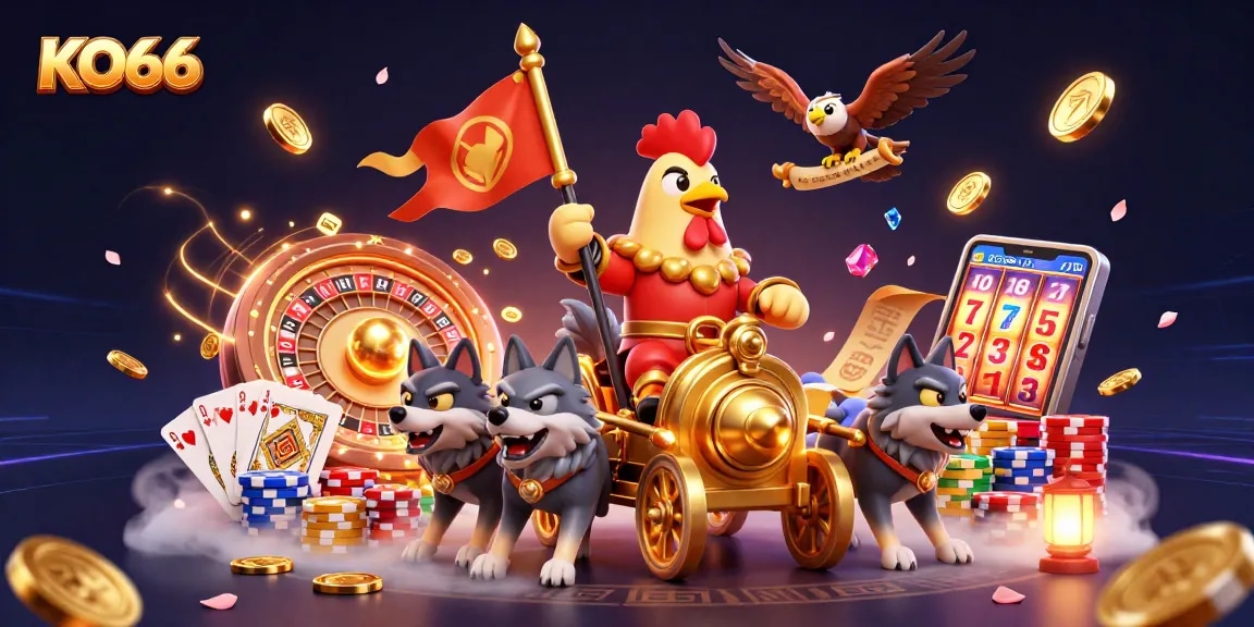 Join the adventure at KO66 Casino with our thrilling cartoon battle scene filled with gaming excitement!