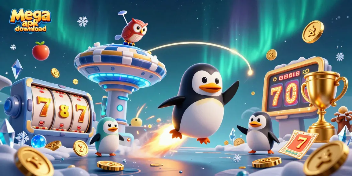 Experience excitement with mega apk download as a golden penguin navigates a casino universe.
