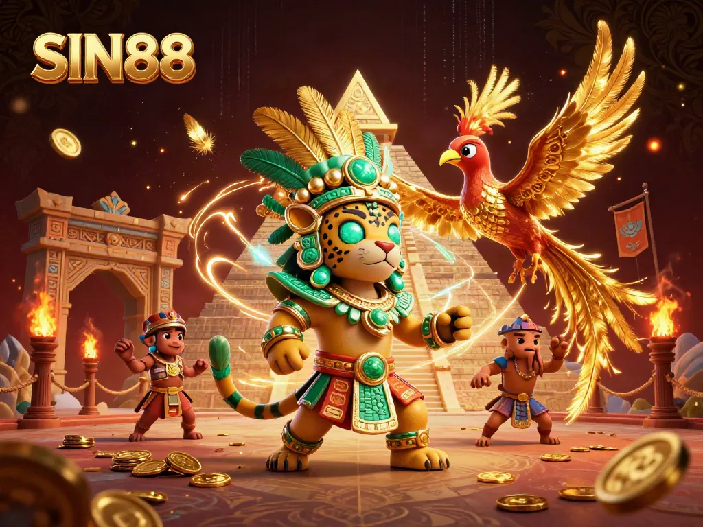 SIN88 features a vibrant 3D scene with a Mayan jaguar priest and quetzal bird, captivating players with casino elements.