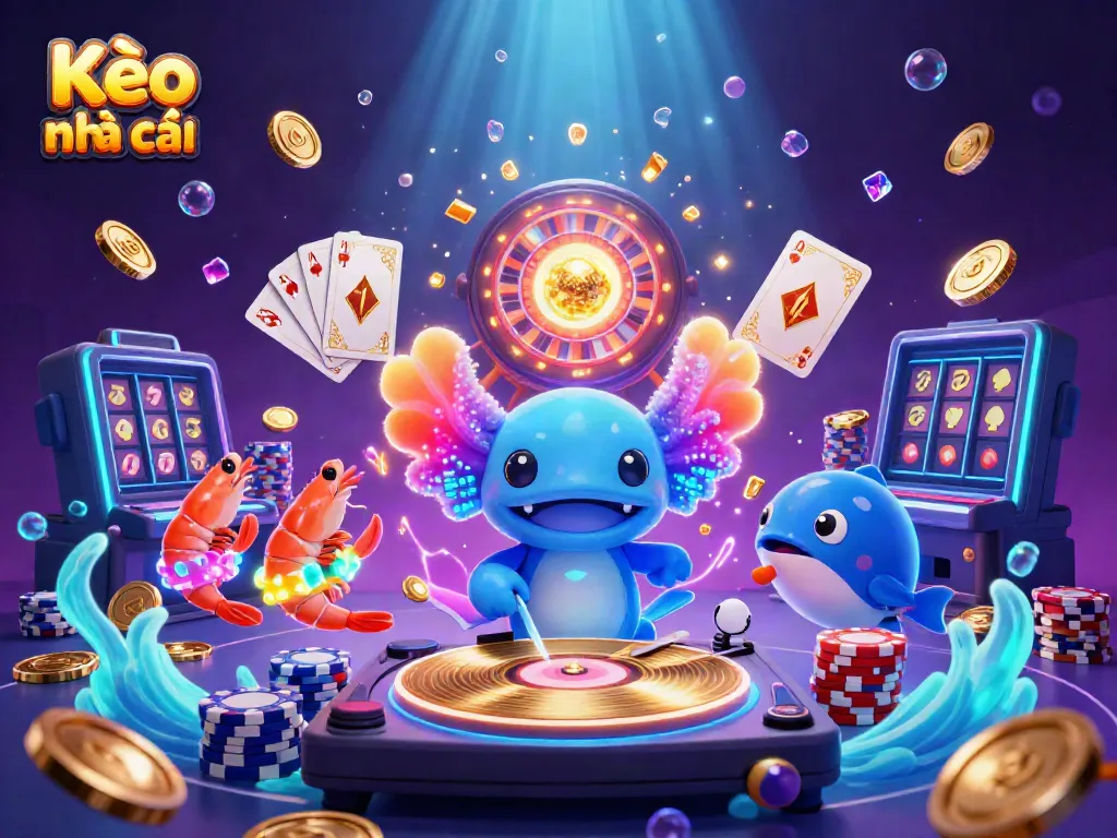 Engage with Kèo nhà cái featuring a vibrant underwater casino scene with an axolotl DJ and playful sea creatures.