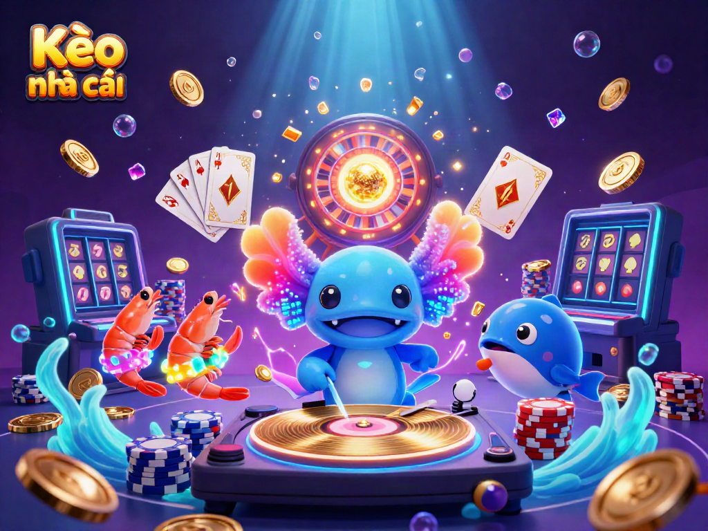 Engage with Kèo nhà cái featuring a vibrant underwater casino scene with an axolotl DJ and playful sea creatures.