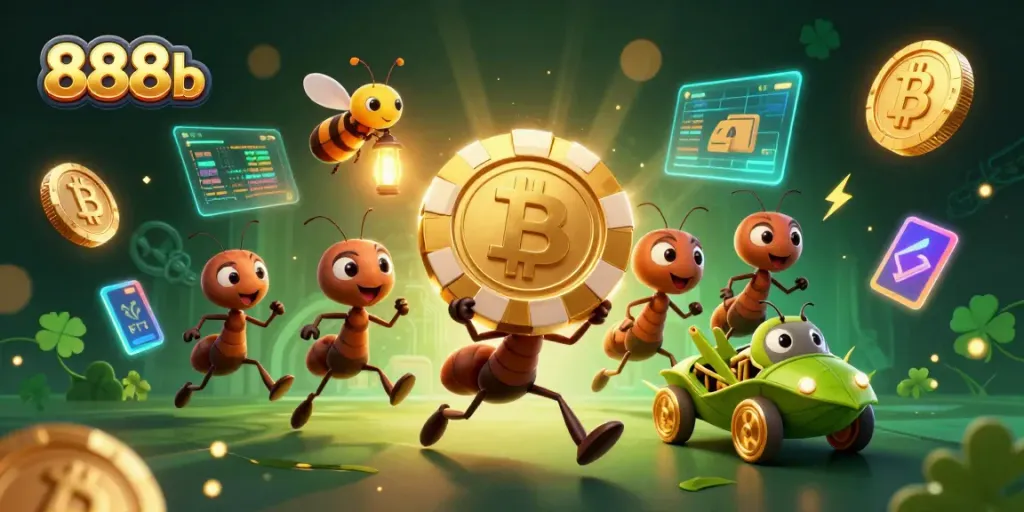 Experience a thrilling heist with 888b as ants carry a giant poker chip amidst vibrant casino elements.