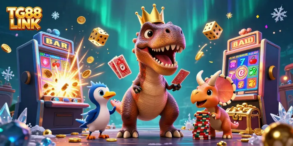 Experience the thrill of the casino with the TG88 LINK featuring playful dinosaurs and vibrant game elements.