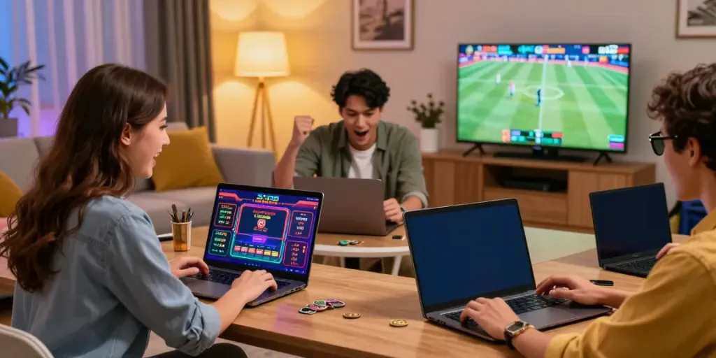 Engaged players enjoying their experience on SV88 online gaming platform in a lively living room setting.