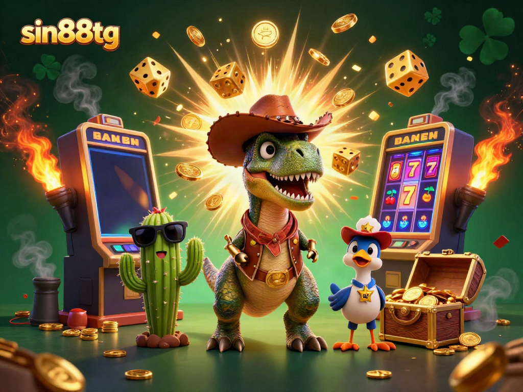 Experience thrilling jackpots at sin88tg with a playful dinosaur and vibrant casino elements!