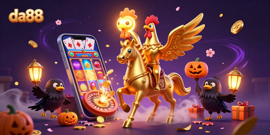Experience thrilling wins at da88 with a vibrant casino scene featuring a golden rooster riding through an enchanting midnight landscape.