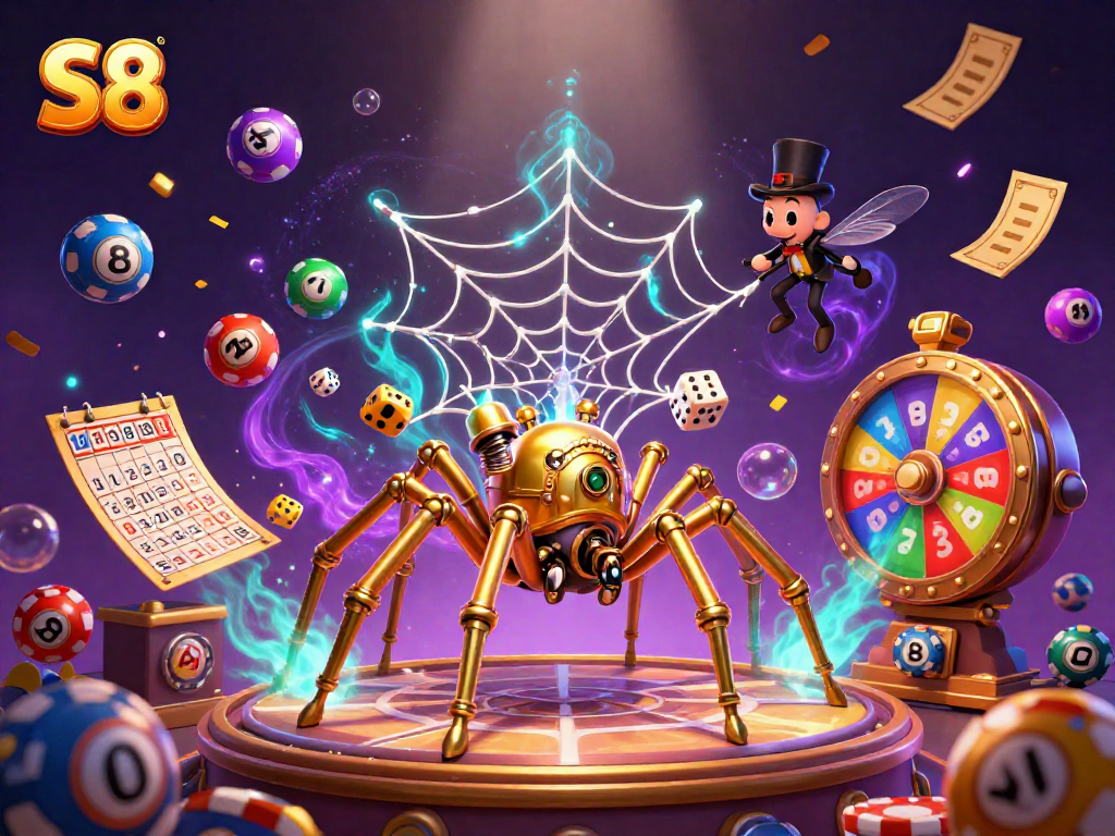 Engage with S8's vibrant gambling platform, featuring a steampunk spider and colorful lottery elements.
